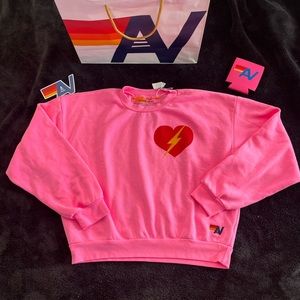 NWT Aviator Nation Bolt Heart Relaxed Crew Sweatshirt Neon Pink XS